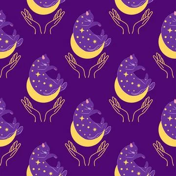 Mystical seamless pattern of cats in boho style, silhouette collection. Wit.. Stock Illustration