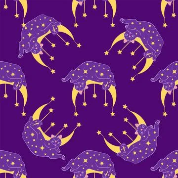 Mystical seamless pattern of cats in boho style, silhouette collection. Wit.. Stock Illustration