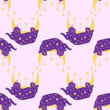 Mystical seamless pattern of cats in boho style, silhouette collection. Wit.. Stock Illustration
