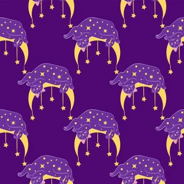 Mystical seamless pattern of cats in boho style, silhouette collection. Wit.. Stock Illustration