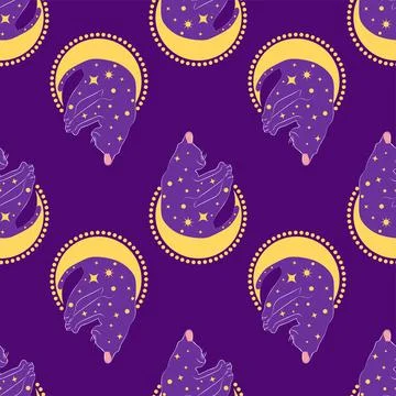 Mystical seamless pattern of cats in boho style, silhouette collection. Wit.. Stock Illustration