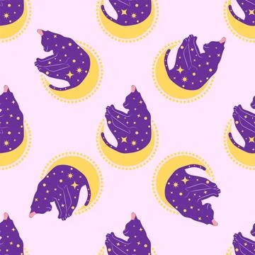 Mystical seamless pattern of cats in boho style, silhouette collection. Wit.. Stock Illustration