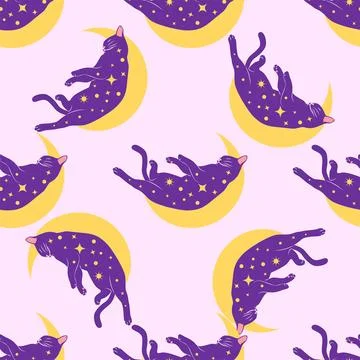 Mystical seamless pattern of cats in boho style, silhouette collection. Wit.. Stock Illustration
