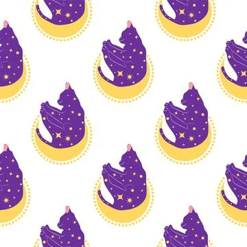 Mystical seamless pattern of cats in boho style, silhouette collection. Wit.. Stock Illustration