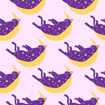 Mystical seamless pattern of cats in boho style, silhouette collection. Wit.. Stock Illustration