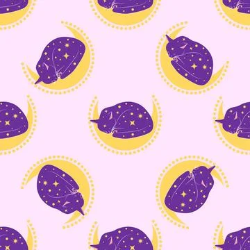 Mystical seamless pattern of cats in boho style, silhouette collection. Wit.. Stock Illustration