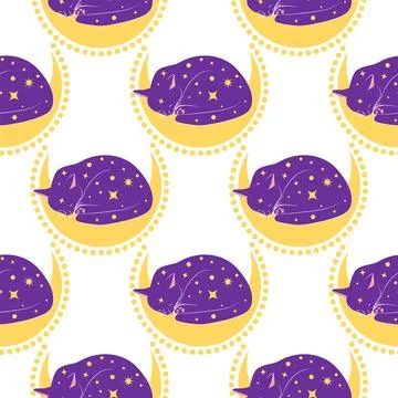Mystical seamless pattern of cats in boho style, silhouette collection. Wit.. Stock Illustration