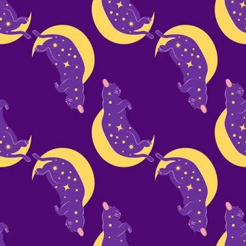 Mystical seamless pattern of cats in boho style, silhouette collection. Esote Stock Illustration