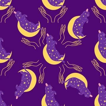 Mystical seamless pattern of cats in boho style, silhouette collection. Wit.. Stock Illustration