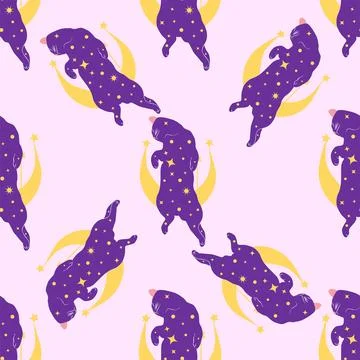 Mystical seamless pattern of cats in boho style, silhouette collection. Esote Stock Illustration