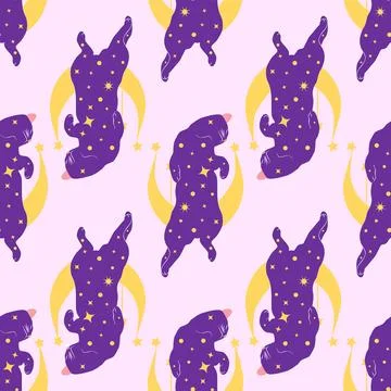 Mystical seamless pattern of cats in boho style, silhouette collection. Esote Stock Illustration