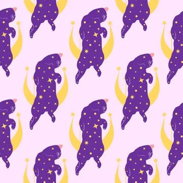 Mystical seamless pattern of cats in boho style, silhouette collection. Esote Stock Illustration