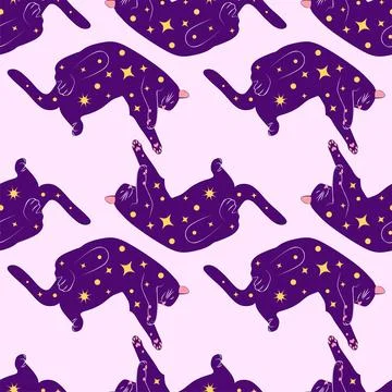 Mystical seamless pattern of cats in boho style, silhouette collection. Wit.. Stock Illustration