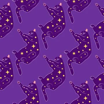 Mystical seamless pattern of cats in boho style, silhouette collection. Esote Stock Illustration