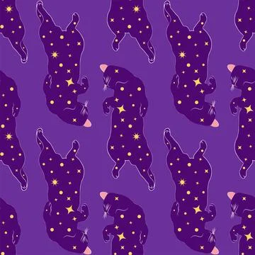 Mystical seamless pattern of cats in boho style, silhouette collection. Esote Stock Illustration