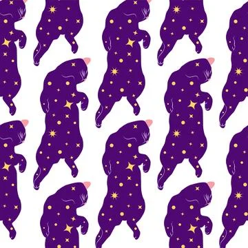 Mystical seamless pattern of cats in boho style, silhouette collection. Esote Stock Illustration