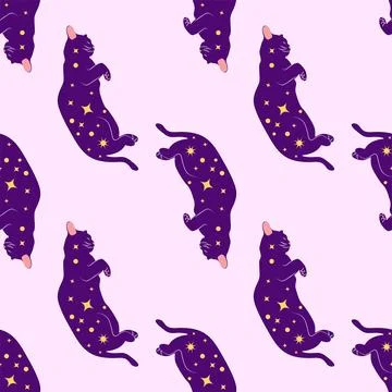 Mystical seamless pattern of cats in boho style, silhouette collection. Wit.. Stock Illustration