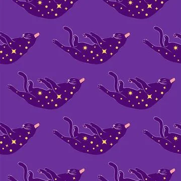 Mystical seamless pattern of cats in boho style, silhouette collection. Wit.. Stock Illustration