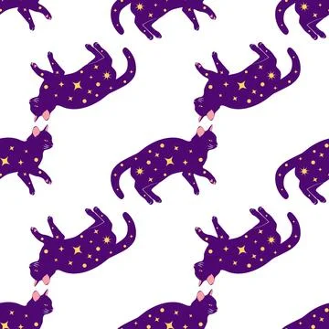 Mystical seamless pattern of cats in boho style, silhouette collection. Wit.. Stock Illustration