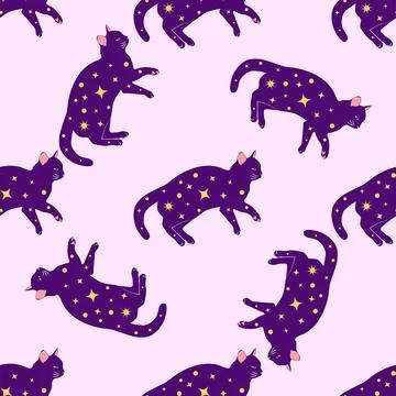 Mystical seamless pattern of cats in boho style, silhouette collection. Wit.. Stock Illustration