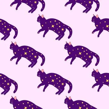 Mystical seamless pattern of cats in boho style, silhouette collection. Esote Stock Illustration