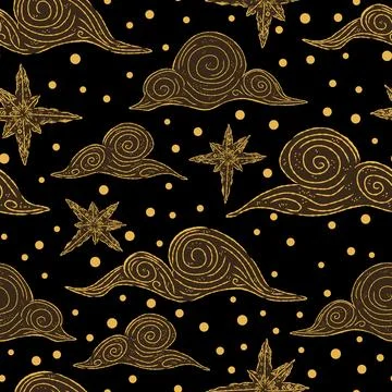 A mystical seamless pattern with fantastical clouds and stars. Golden line ar イラスト素材