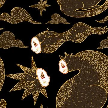 A mystical seamless pattern with fantastical creatures, masks, clouds, and st イラスト素材