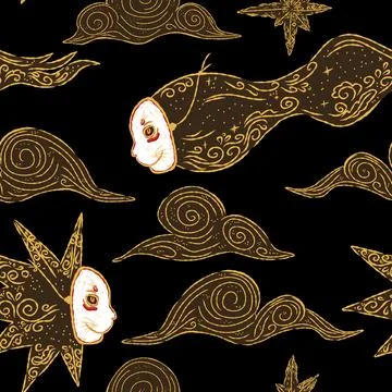 A mystical seamless pattern with fantastical creatures, masks, clouds, and st Stock Illustration