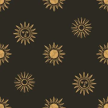 Mystical seamless pattern with hand drawn sun symbols and faces Stock Illustration