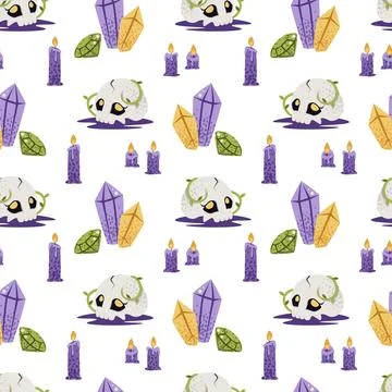 Mystical Seamless Pattern with Skull, Magic Crystals and Candles. Occult Repeat Stock Illustration