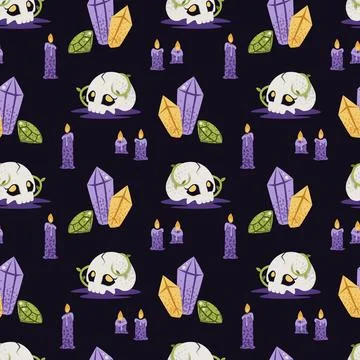 Mystical Seamless Pattern with Skull, Magic Crystals and Candles. Occult Repeat Stock Illustration