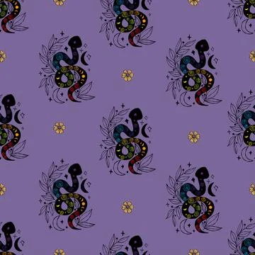 Mystical Seamless Pattern with Snake Kundalini with Colorful Chakra, Celest.. Stock Illustration