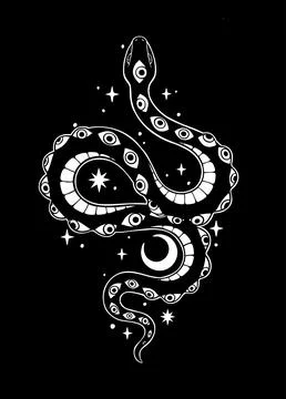 Mystical Serpent Covered with All Seeing Eyes Crescent Moon and Stars Art 스톡 일러스트