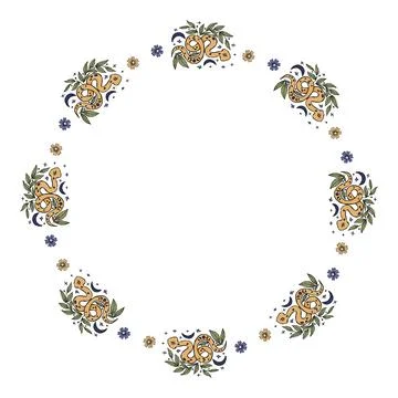 Mystical Snake Round Frame. Decorative Circular Wreath with Mysterious Kund.. 스톡 일러스트