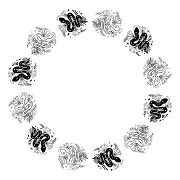 Mystical Snake Round Frame. Decorative Circular Floral Wreath. Outline Blac.. 스톡 일러스트