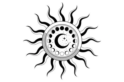 Mystical Sun and Celestial Moon Phases, magic esoteric circular orbit Stock Illustration