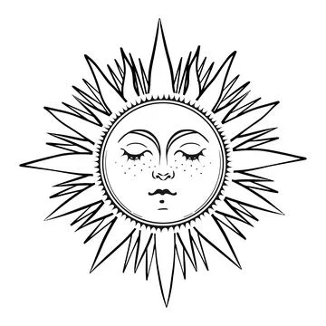 Mystical sun with face and rays, celestial astrology logo, boho tattoo for Stock Illustration
