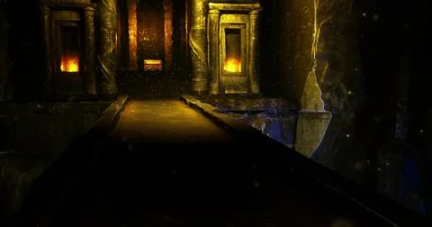 Mystical temple interior with glowing elements in a dark setting Ilustración de archivo