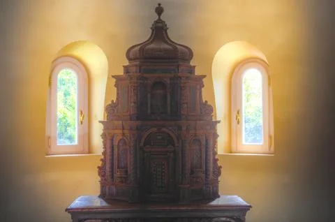 Mystical temple model plastic in backlight in the Masone Labyritnth Museum in Stock Photos