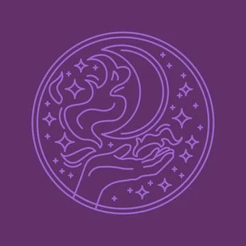 Mystical violet boho logo. Hand with magic, moon and stars in the sky round.. Stock Illustration