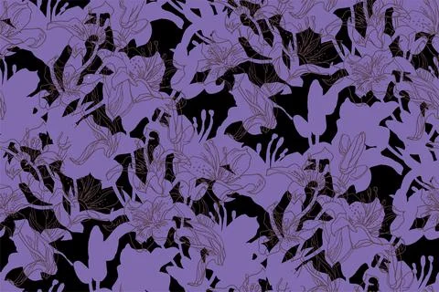 Mystical violet seamless pattern with silhouettes flowers drawn by hand.. Stock Illustration