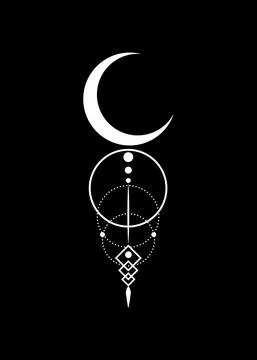 Mystical white Moon logo, half moon, Sacred geometry. Crescent moon pagan Wiccan Illustrazione stock