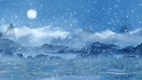 Mystical Winter Mountain Landscape with Falling Snow and Full Moon Stock-Footage 320513492