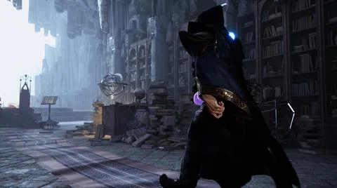 The mystical wizard walks through his castle to the place of the magical Stock Illustration