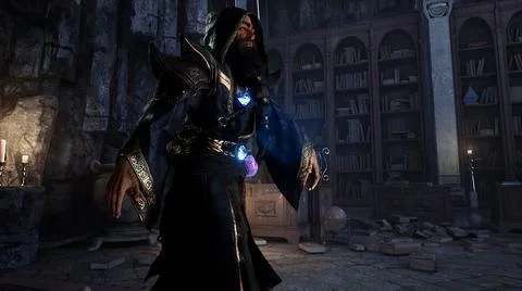 The mystical wizard walks through his castle to the place of the magical 库存插图