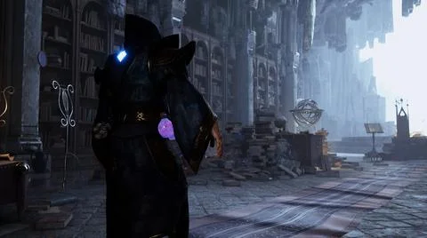 The mystical wizard walks through his castle to the place of the magical 库存插图