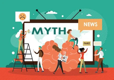Myth, fake news and facts, vector illustration. People read false news from Stock Illustration