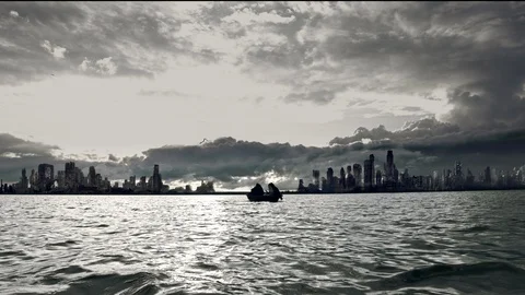 Mythical characters float on a boat on the river. Apocalypse. Stock Footage 96236259