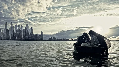 Mythical characters float on a boat on the river. Apocalypse. Stock Footage 96236530