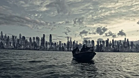 Mythical characters float on a boat on the river. Apocalypse. Stock Footage 96236810